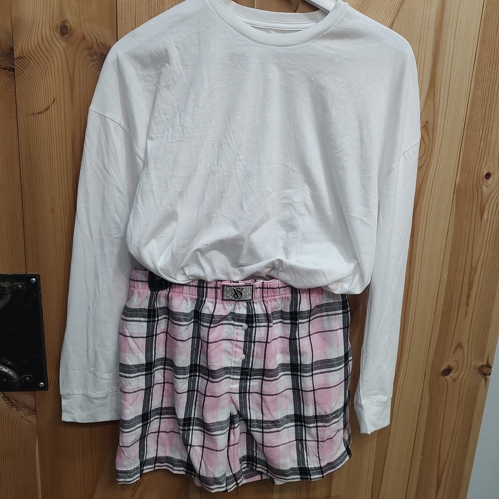Victoria's Secret Pj Short Set Pink Black Silver Plaid Medium Pajamas Waist Logo